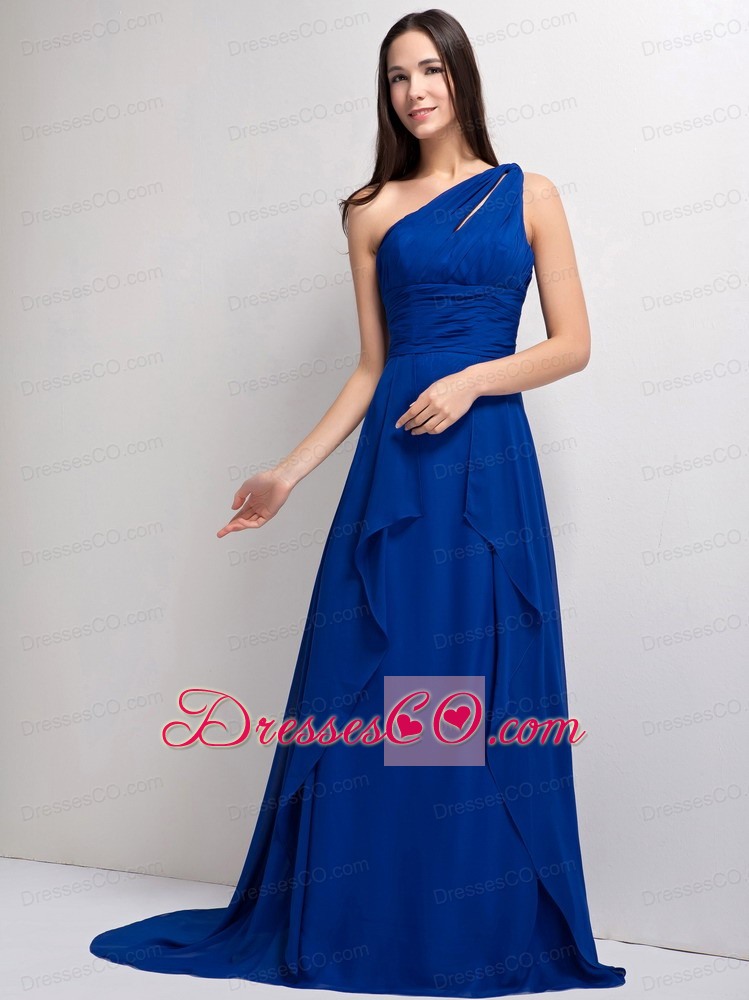 Customize Peacock Blue A-line One Shoulder Ruching Evening Dress Court Train Elastic Wove Satin and Chiffon