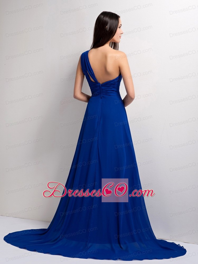 Customize Peacock Blue A-line One Shoulder Ruching Evening Dress Court Train Elastic Wove Satin and Chiffon