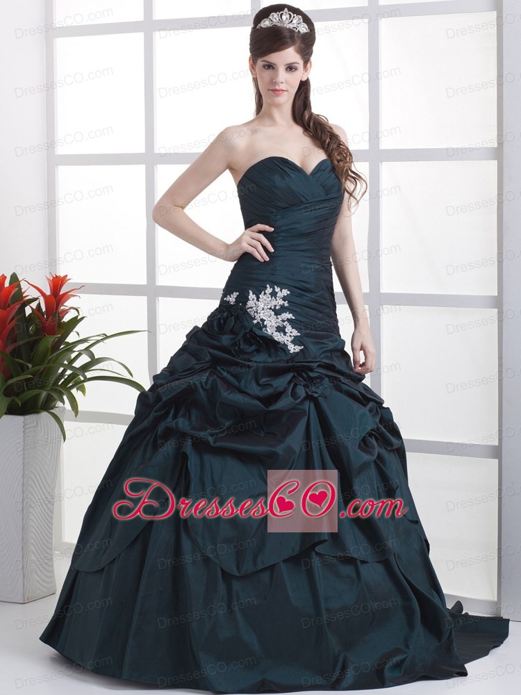Custom Made Navy Blue Appliques and Pick-ups Evening Dress With Brush Train