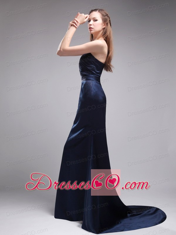 Perfect Column Strapless Brush Train Satin Beading Navy Blue Evening Dress