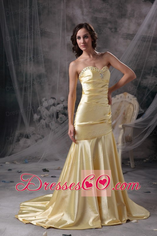 Perfect Light Yellow Mermaid Evening Dress Taffeta Beading Brush Train