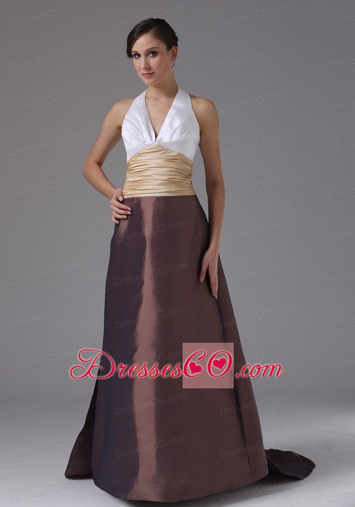 Halter and Ruched Evening Dress Colorful Brush Train