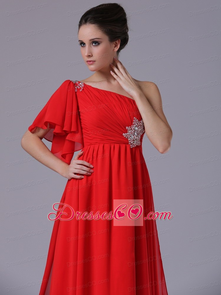Chiffon One Shoulder Beading Red Watteau Evening Dress