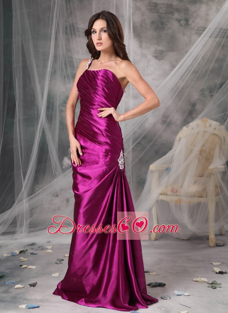Exclusive Fuchsia Column One Shoulder Evening Dress Taffeta Appliques Long Dress