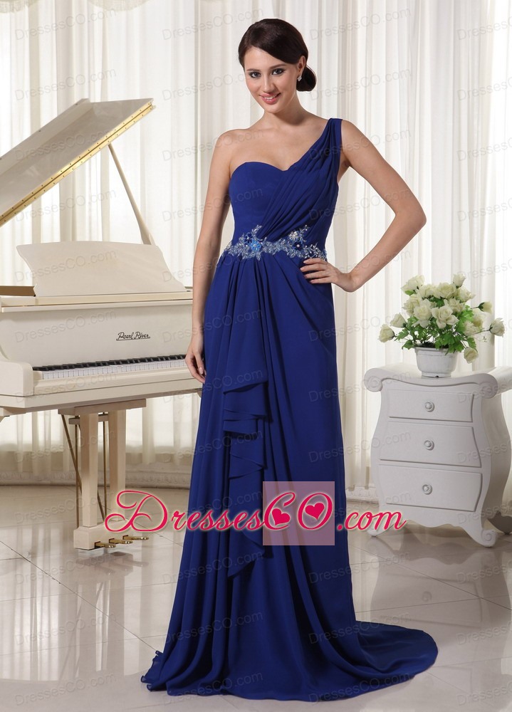 Royal Blue One Shoulder Chiffon Prom / Evening Dress With Brush Train Appliques With Beading and Ruching