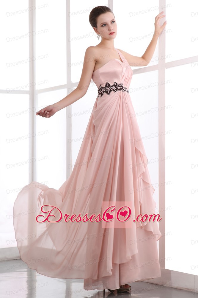 Peach One Shoulder Chiffon Prom Dress with Black Appliques
