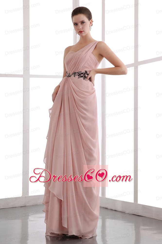 Peach One Shoulder Chiffon Prom Dress with Black Appliques