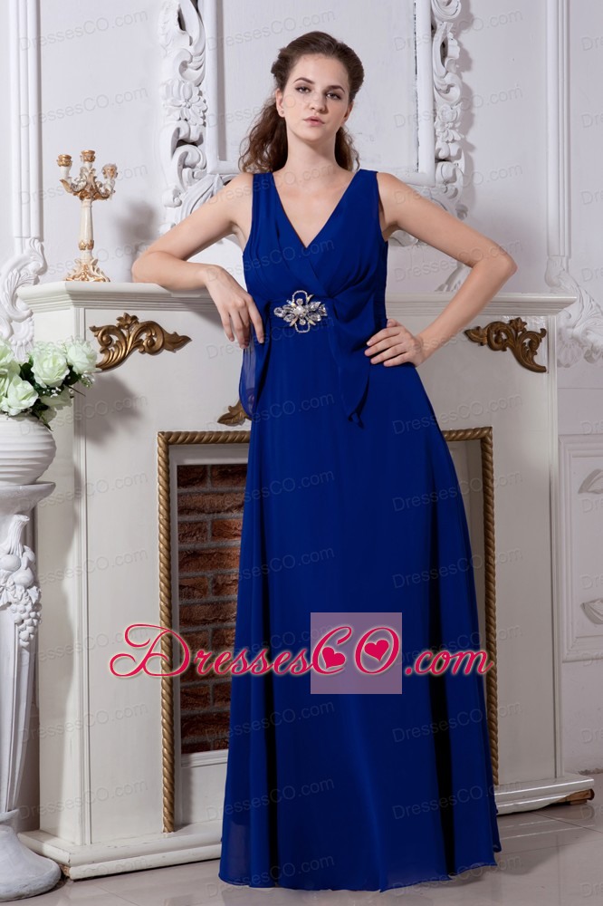Royal Blue Empire V-neck Long Chiffon Beading Prom Dress
