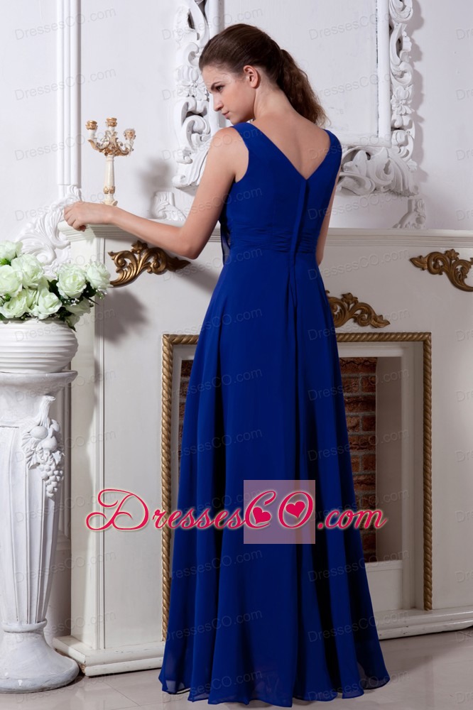 Royal Blue Empire V-neck Long Chiffon Beading Prom Dress