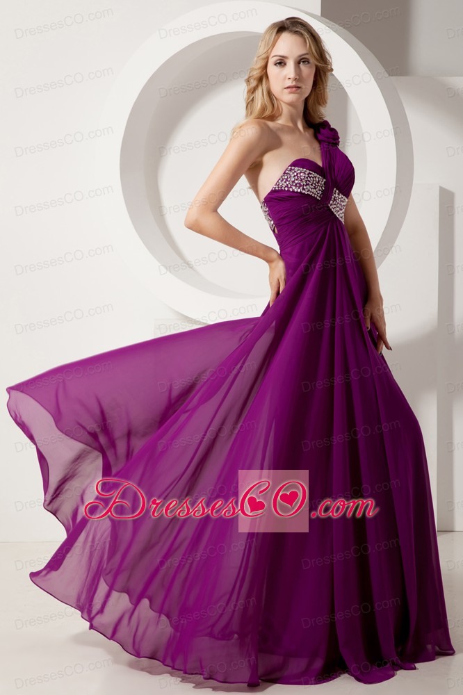 Dark Purple Empire One Shoulder Long Chiffon Beading Prom Dress