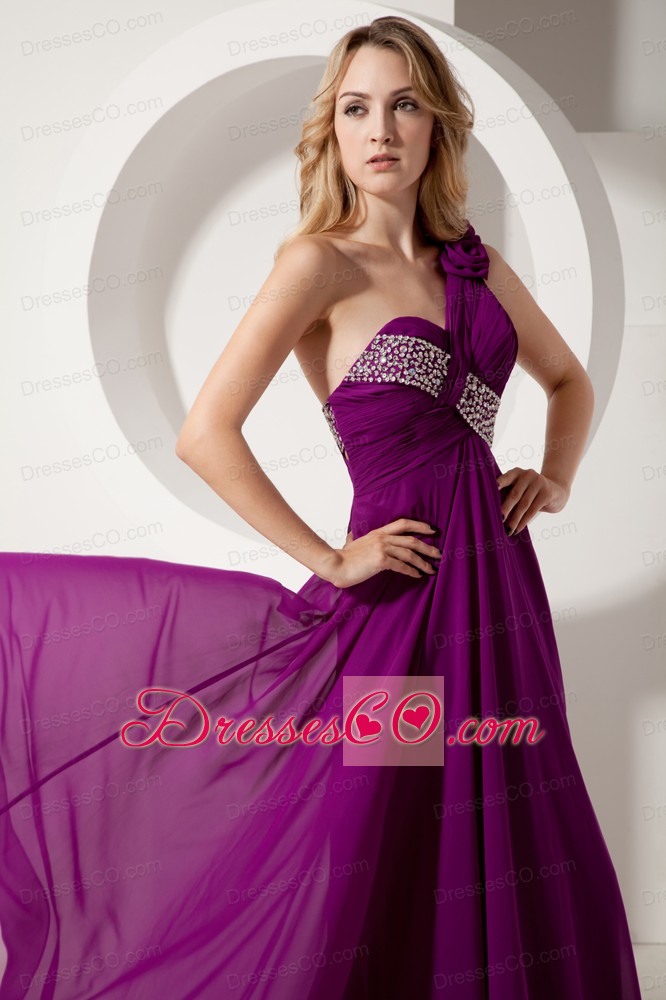 Dark Purple Empire One Shoulder Long Chiffon Beading Prom Dress