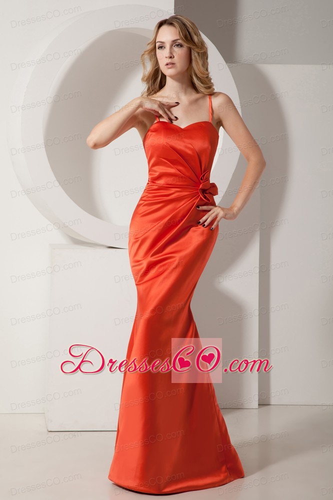 Rust Red Mermaid Spaghetti Straps Ruching And Hand Made Flower Prom Dress Long Satin