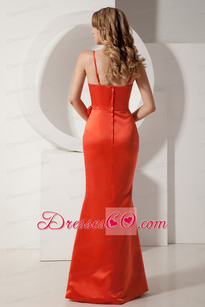 Rust Red Mermaid Spaghetti Straps Ruching And Hand Made Flower Prom Dress Long Satin