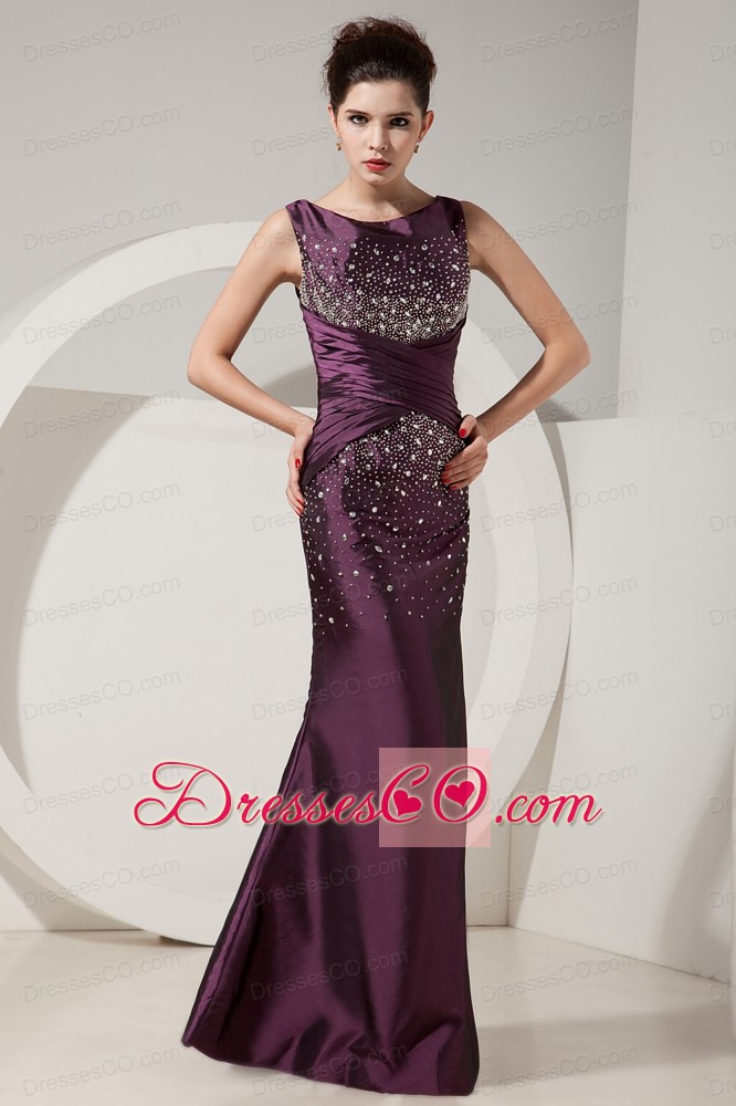 Modest Dark Purple Prom Dress Mermaid Scoop Beading Long Satin