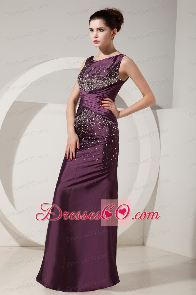 Modest Dark Purple Prom Dress Mermaid Scoop Beading Long Satin