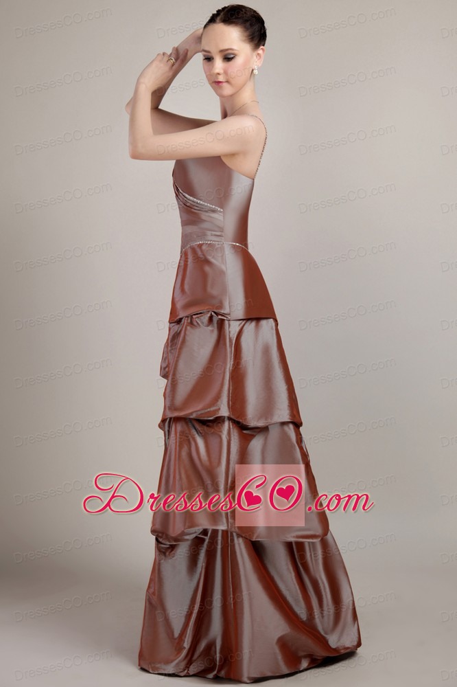 Brown A-line Spaghetti Strap Long Taffeta Sequins Prom Dress