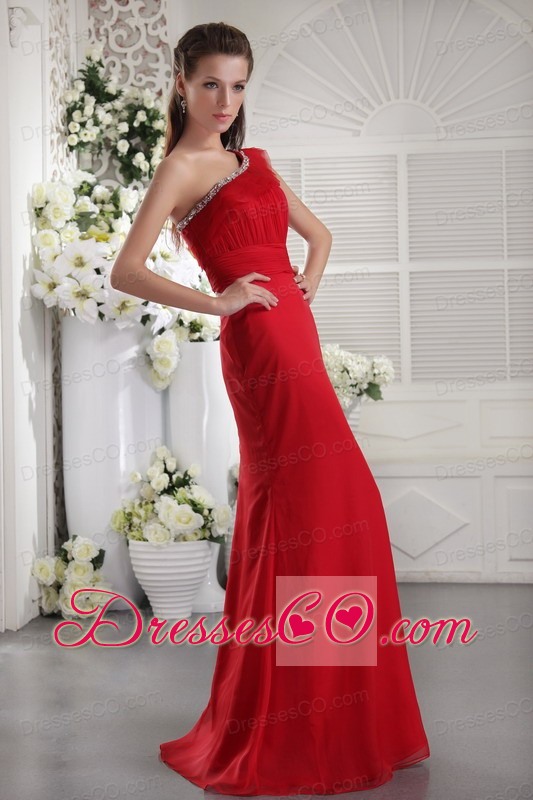 Red Column One Shoulder Long Chiffon Beading And Ruching Prom / Evening Dress