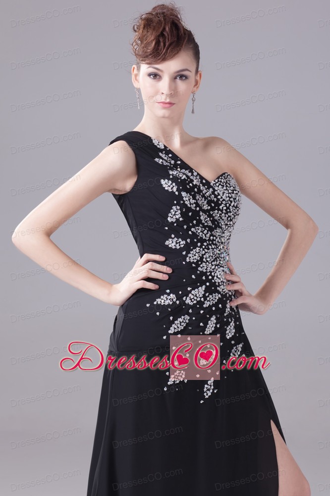 Beading One Shoulder High Slit Black Prom Dress