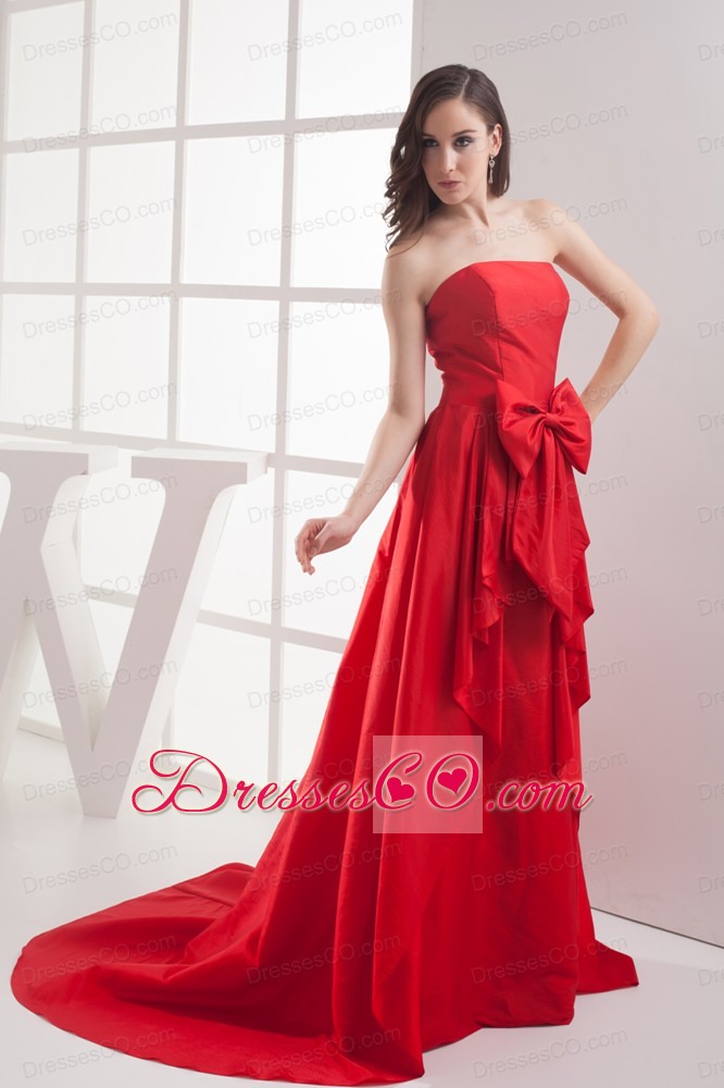 Red A-line Bowknot Brush Train Taffeta Prom Dress