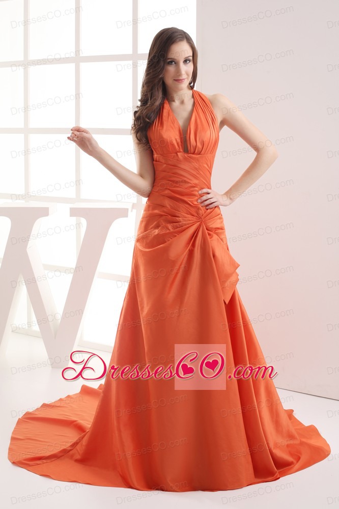 Halter Top Orange Court Train Ruching Prom Dress