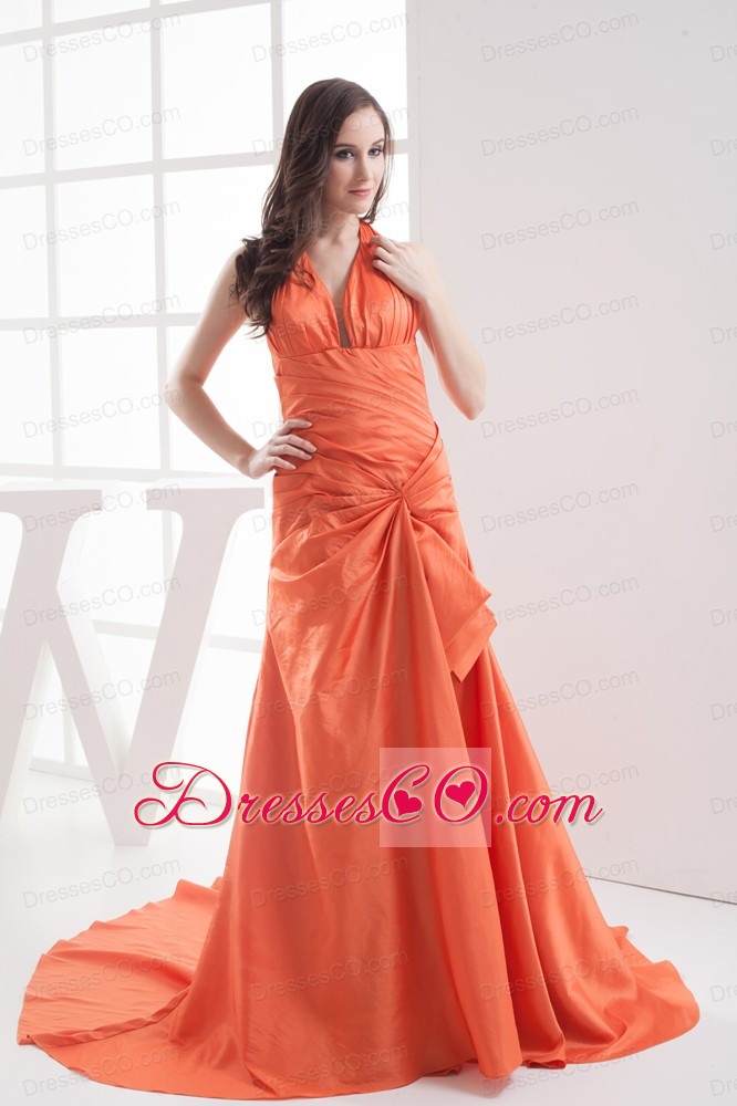 Halter Top Orange Court Train Ruching Prom Dress