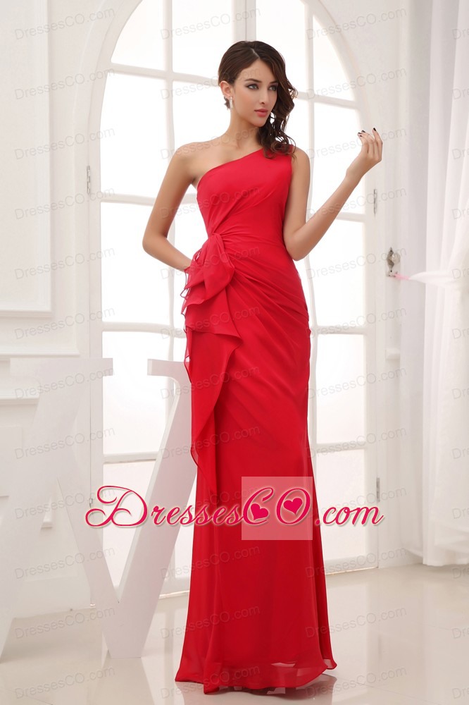Red Column One Shoulder long Chiffon Bridesmaid Dress