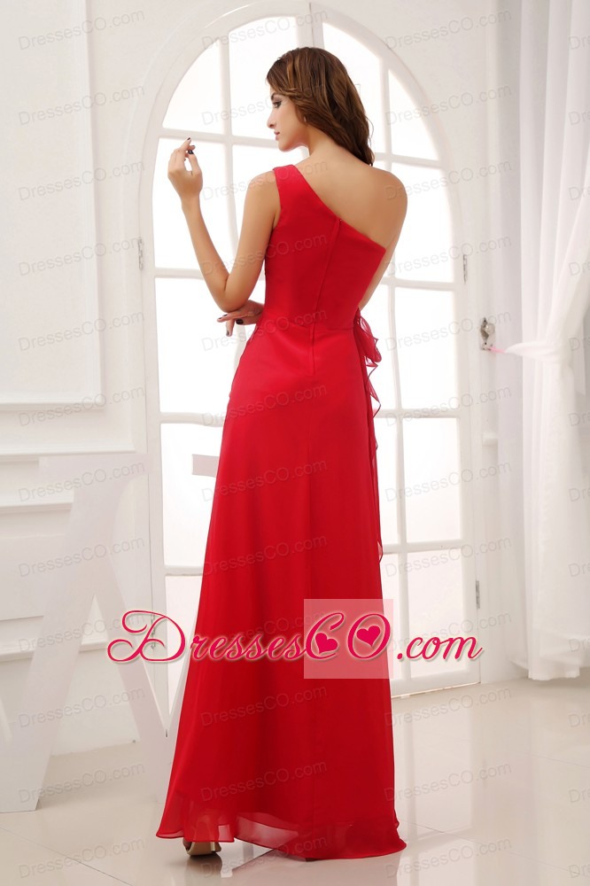 Red Column One Shoulder long Chiffon Bridesmaid Dress