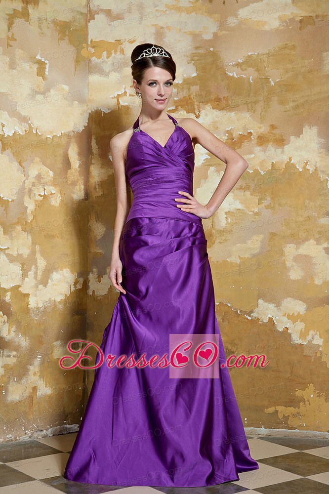 Purple Column V-neck Long Taffeta Beading Prom Dress