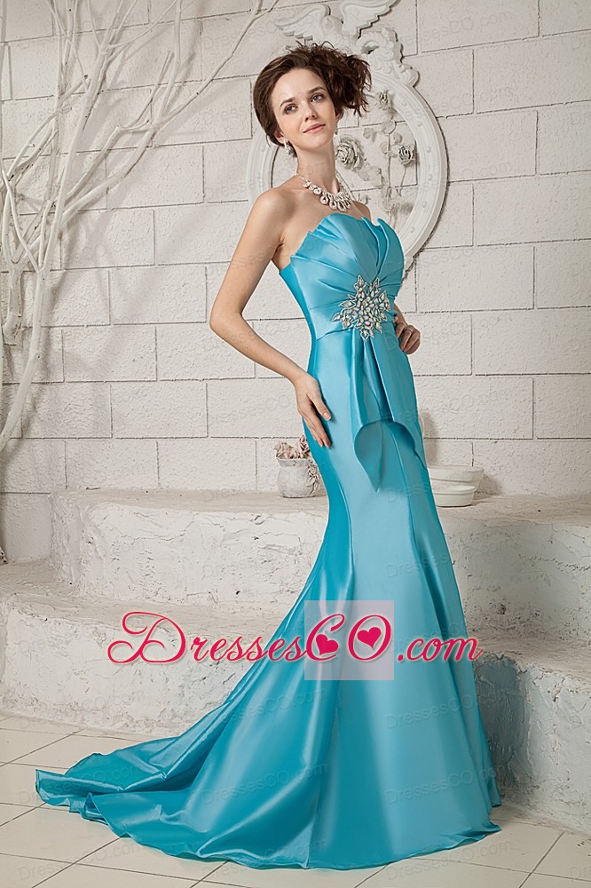 Exclusive Aque Mermaid Prom Dress Strapless Ruching and Beading Brush Train Satin
