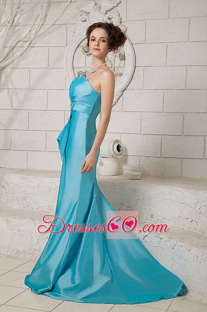 Exclusive Aque Mermaid Prom Dress Strapless Ruching and Beading Brush Train Satin