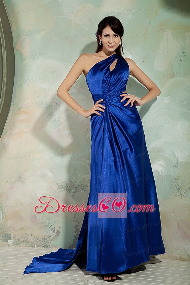 Sexy Royal Blue Column Prom / Homecoming Dress One Shoulder Elastic Woven Satin Ruching Watteau Train