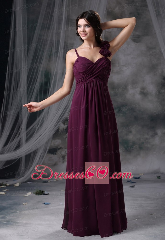 Hand Made Flowers Decorate Straps Dark Purple Chiffon Long Ruched Decorate Bodice Prom / Evening Dress