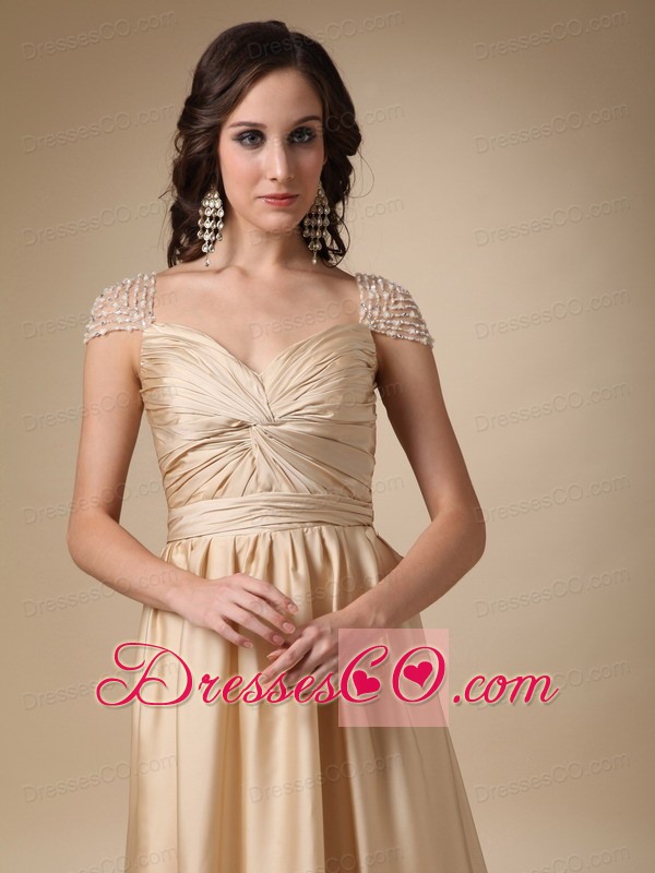Gold Column Brush Train Taffeta Ruching Prom Dress
