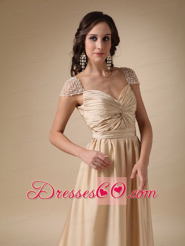 Gold Column Brush Train Taffeta Ruching Prom Dress
