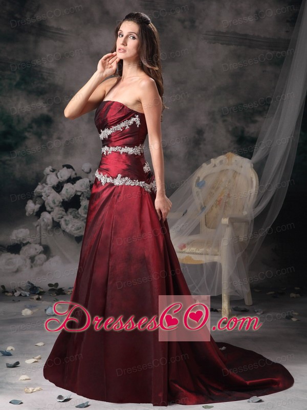 Sweet Burgundy Strapless Prom / Evening Dress Appliques Brush Train