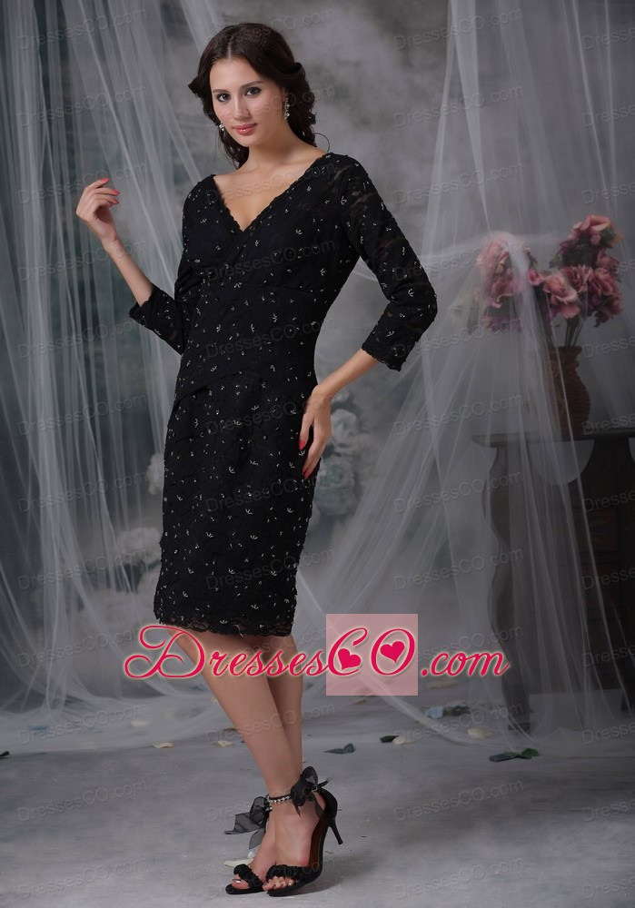 Black Column V-neck Knee-length 3/4 Sleeves Special Fabric Mother Of The Bride Dress