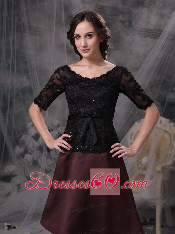 Black And Brown A-line Scoop Knee-length Satin Beading Mother Of The Bride Dress
