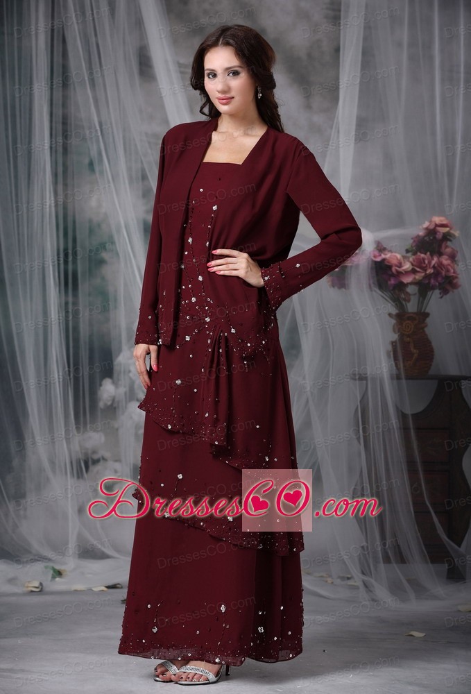 Burgundy Empire Straps Long Chiffon Beading Mother Of The Bride Dress