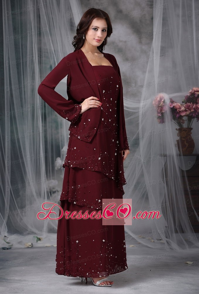 Burgundy Empire Straps Long Chiffon Beading Mother Of The Bride Dress