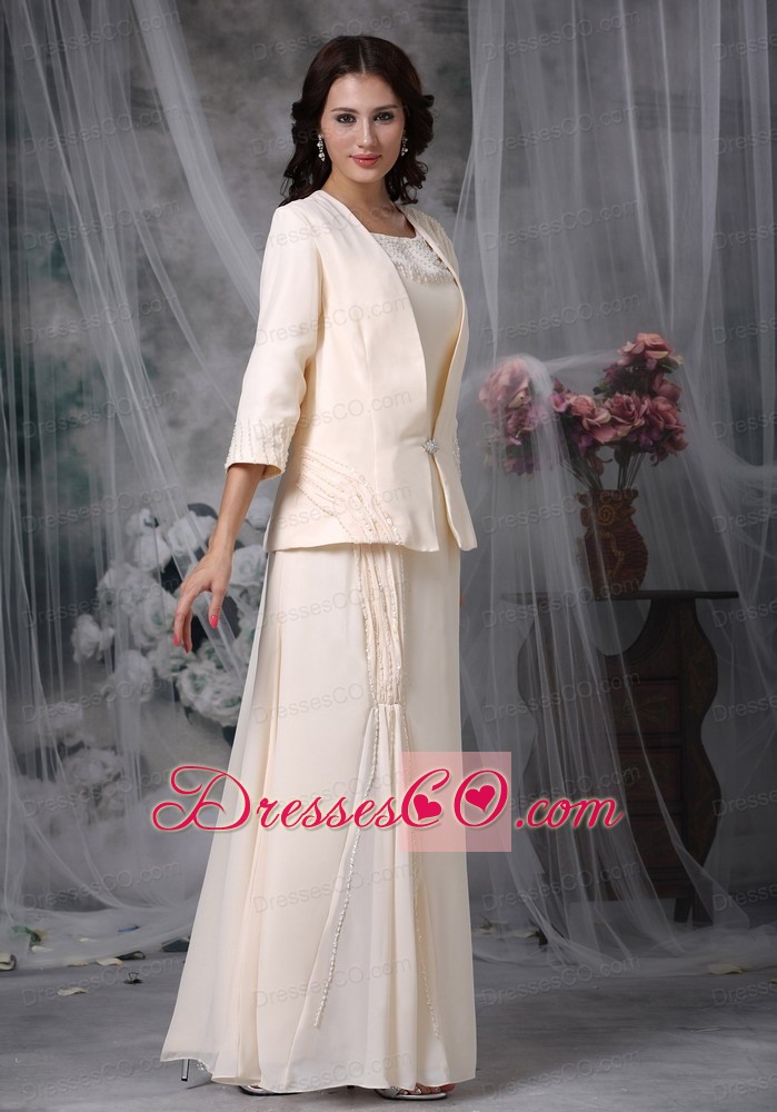 Champagne Column Scoop Long Chiffon Appliques Mather Of The Bride Dress