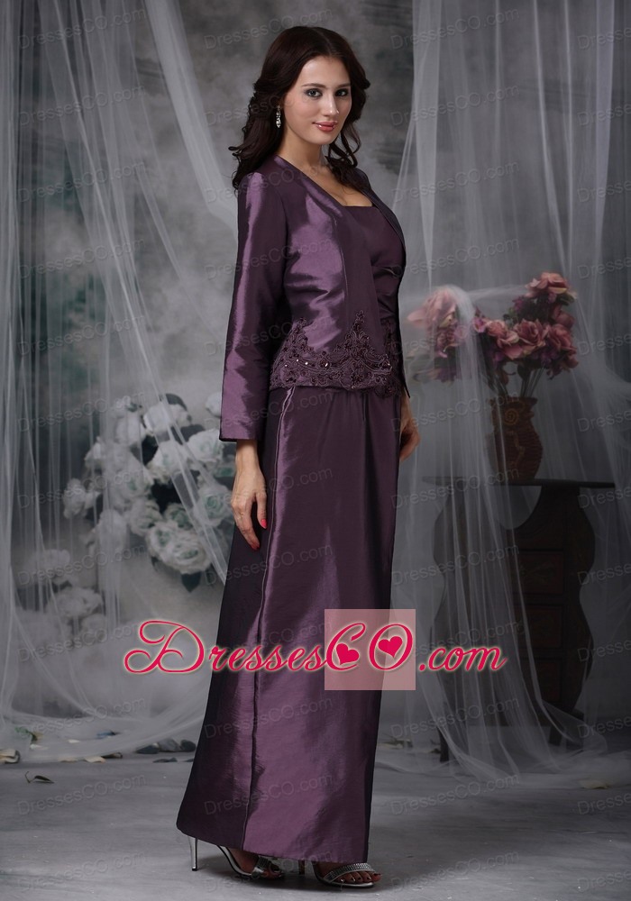Dark Purple Column Strapless Ankle-length Taffeta Appliques Mather Of The Bride Dress