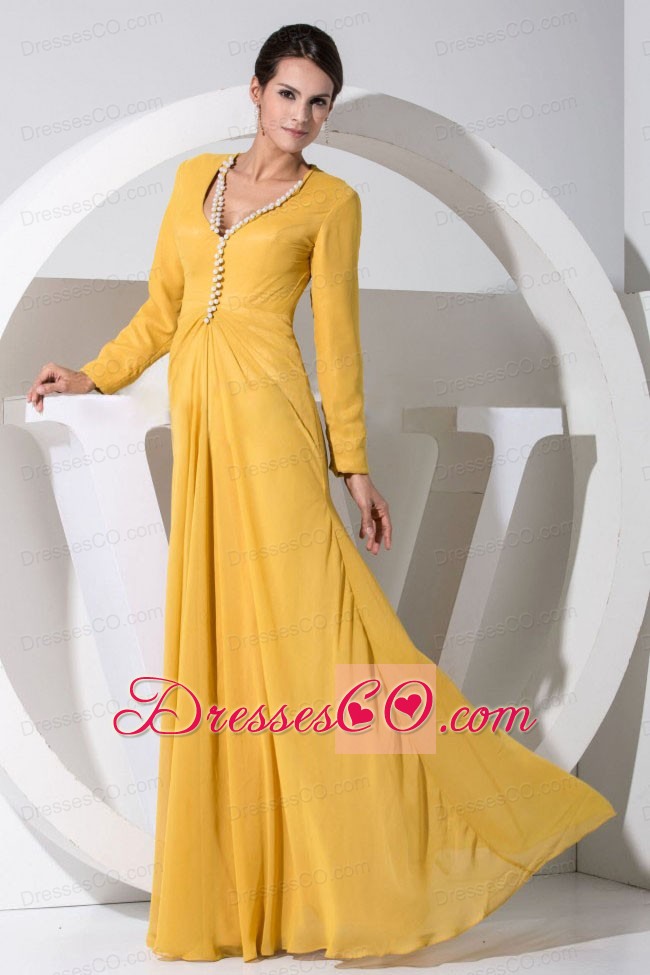 Beading Decorate Bodice Gold Chiffon Long Long Sleeves Prom Dress For 2013