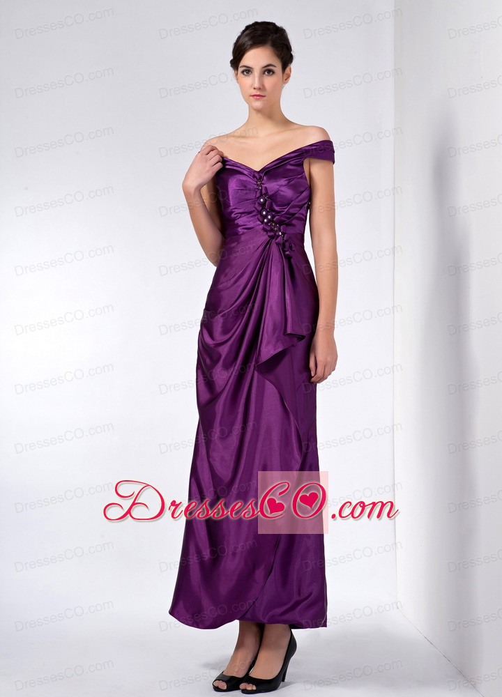 Purple Column Off The Shoulder Ankle-length Taffeta Beading Mother Of The Bride Dress