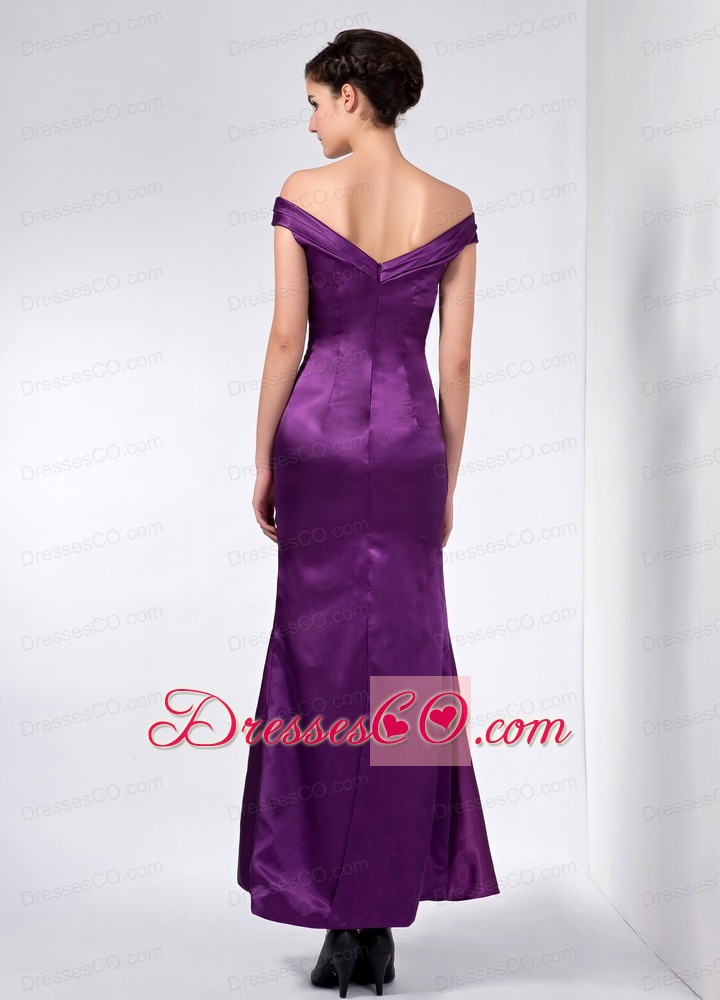 Purple Column Off The Shoulder Ankle-length Taffeta Beading Mother Of The Bride Dress