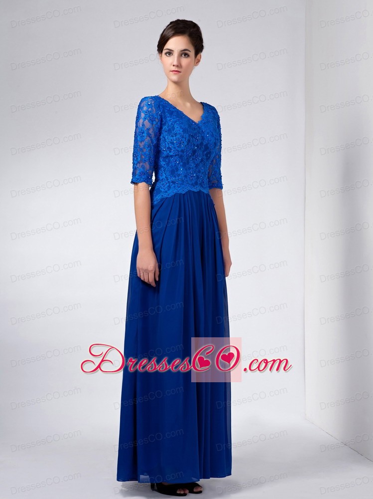 Blue Column V-neck Ankle-length Chiffon And Lace Beading Mother Of The Bride Dress