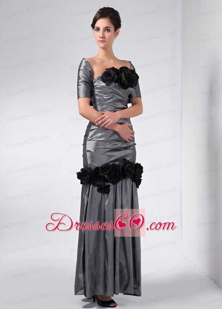 Grey Column Strapless Ankle-length Taffeta Hand Made Flowers Mother Of The Bride Dress