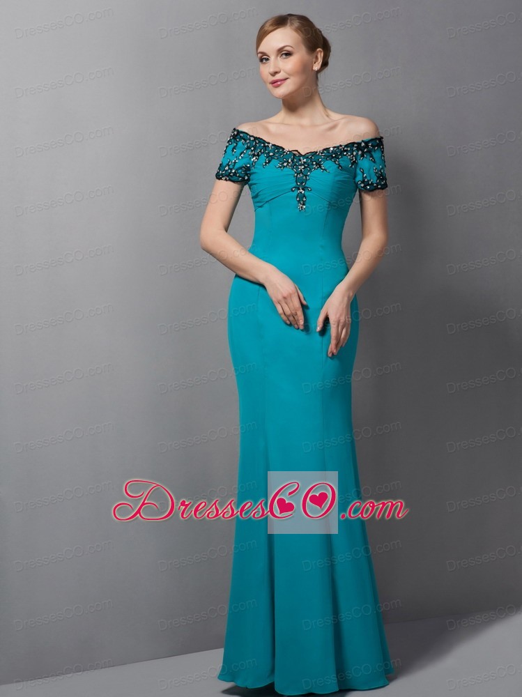 Teal Mermaid Off The Shoulder Long Chiffon Appliques Mother Of The Bride Dress