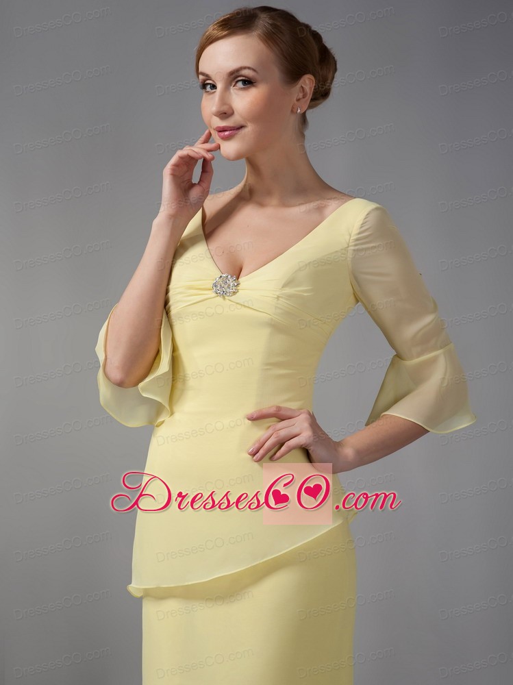 Yellow Column V-neck Ankle-length Chiffon Ruching Mother Of The Bride Dress