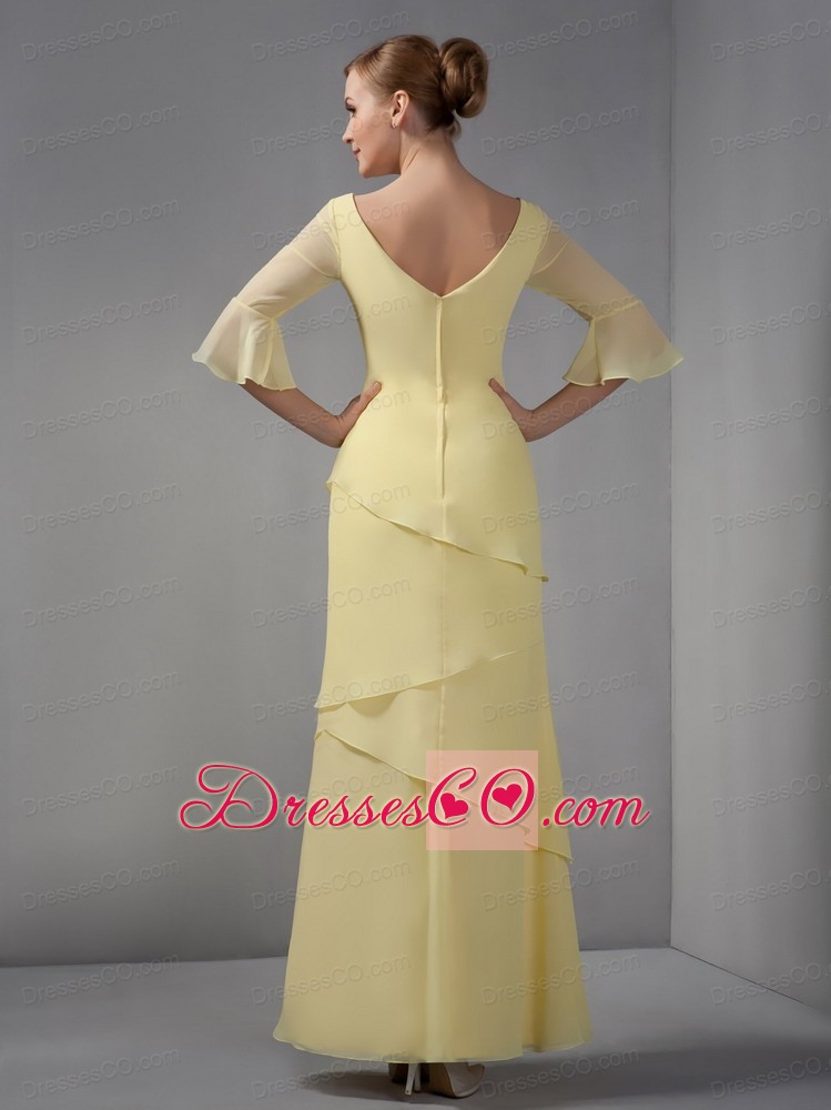Yellow Column V-neck Ankle-length Chiffon Ruching Mother Of The Bride Dress