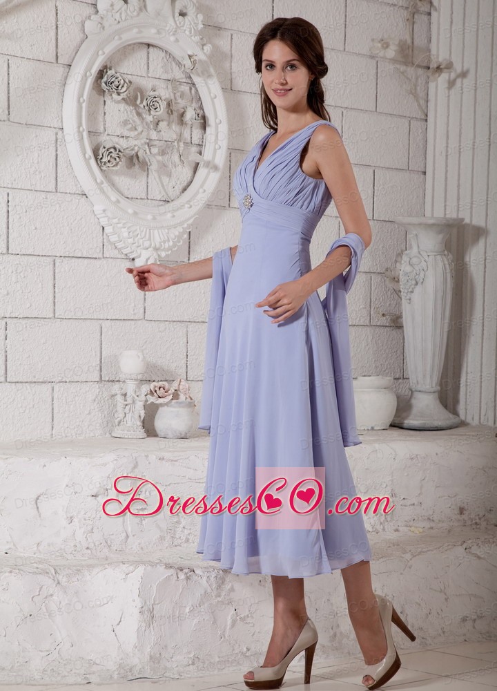 Lilac Empire V-neck Tea-length Chiffon Ruching And Beading Mother Dress